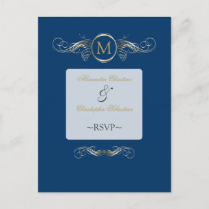 Cartão Postal De Convite Ouro Monograma Roda RSVP Azul Elegante
