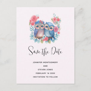 Cartão Postal De Convite Owens in Love Sitting on Tree Branch Salvar a Data