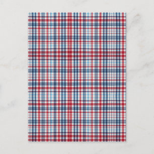 Cartão Postal De Convite Padrão vintage xadrez vermelho branco azul