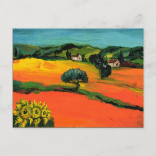 CARTÃO POSTAL DE CONVITE PAISAGEM DA TOSCANA COM GIRASSÓIS EM LARANJA VERME