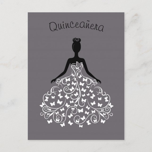 Cartão Postal De Convite Palhaço de Quinceanera, Borboleta Negra Prateada (Frente)