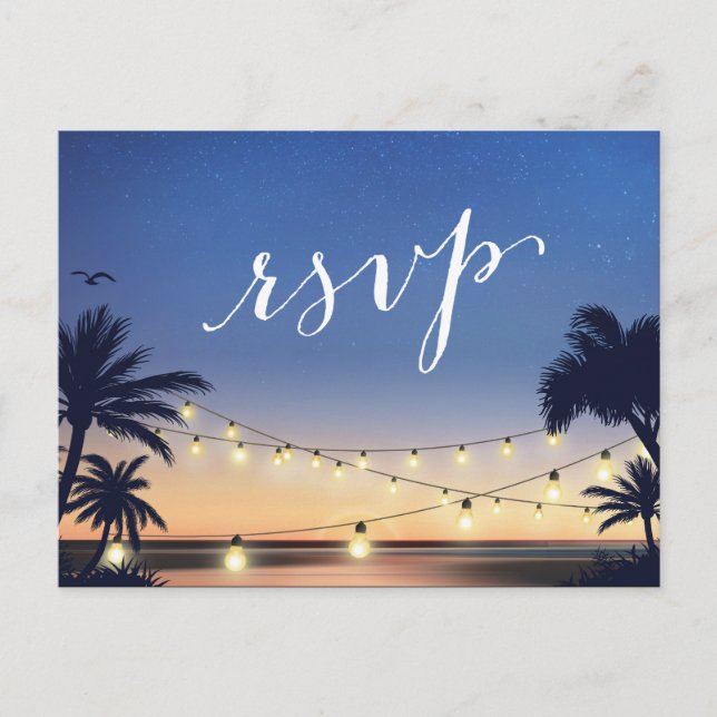 Cartão Postal De Convite Palm Beach String Lights Summer Sunset RSVP Respos (Frente)