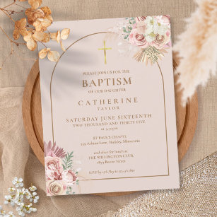 Cartão Postal De Convite Pampas Grass Dourado Arch Rosa Batismo Cristão