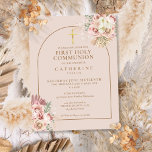 Cartão Postal De Convite Pampas Rosa, Grama, Arco Dourado Primeira Comunhão<br><div class="desc">Lindas cores d'água florais e molduras de arco-íris florais e seus primeiros detalhes de comunhão sagrados em tipografia na moda de ouro em um fundo rosa-claro-rosado. Projetado por Thisnotme©</div>