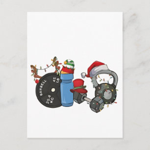 Cartão Postal De Convite Papai Noel engraçado levantando halteres na academ