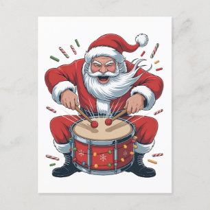 Cartão Postal De Convite Papai Noel Tocando Bateria Natal Baterista Xmas 