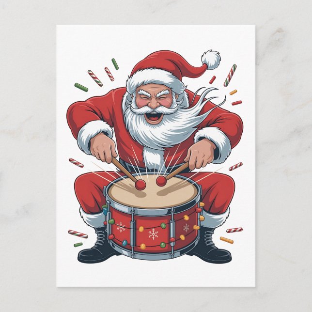 Cartão Postal De Convite Papai Noel Tocando Bateria Natal Baterista Xmas  (Frente)