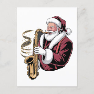 Cartão Postal De Convite Papai Noel Tocando Saxofone Músico de Natal Saxofo