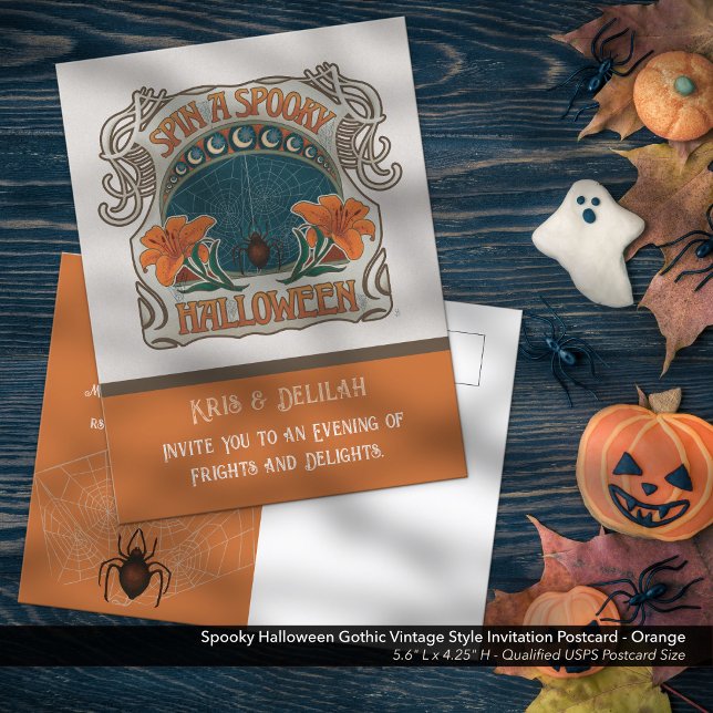 Cartão postal de convite para festas de Dia das Br (Spooky Halloween Gothic Vintage Style Invitation Postcard - Shown in Orange, Front)