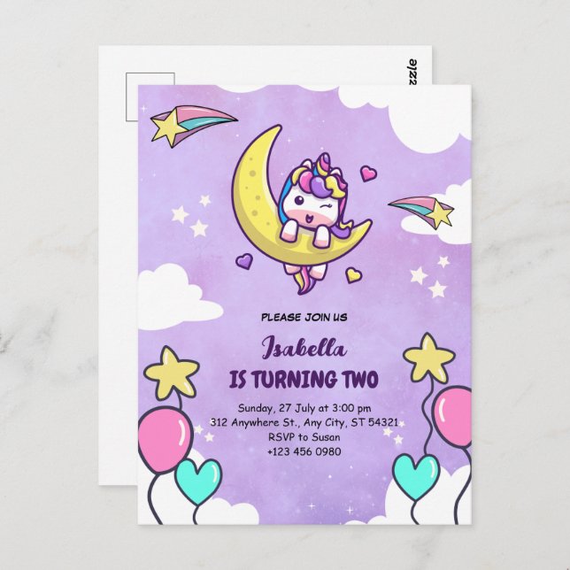 Cartão-postal de convite para segundos aniversário (Frente/Verso)