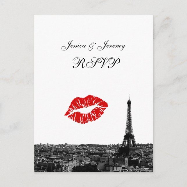 Cartão Postal De Convite Paris França Skyline Kiss #1 BW RSVP 1 (Frente)
