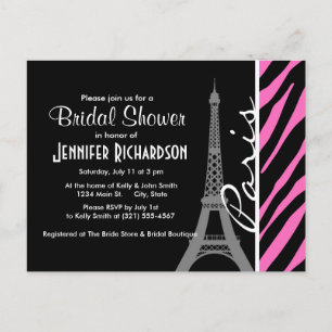 Cartão Postal De Convite Paris; Impressão Rosa e Zebra Negra