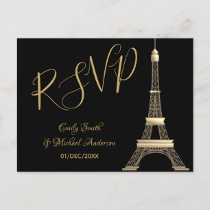 Cartão Postal De Convite PARIS RSVP Preto Dourado - Tendência Chic Elegante
