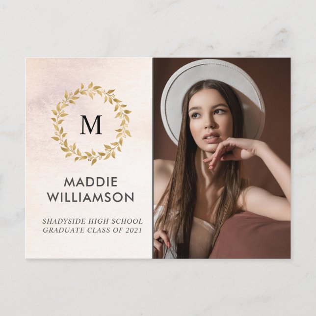 Cartão Postal De Convite Partido de Formando de Foto Laurel, Rosa Dourado,  (Frente)