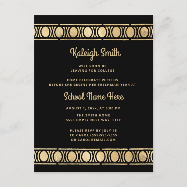 Cartão Postal De Convite Partido de Tronco de Graduação Dourada Preta (Frente)