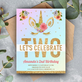 Cartão Postal De Convite Partido do segundo aniversário Mágico Dourado Glit