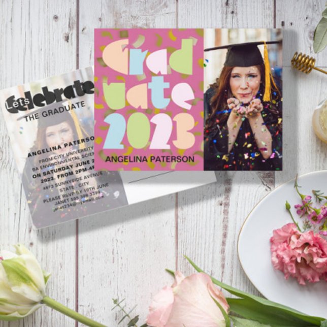 Cartão Postal De Convite Partido Mondern Pastel Graduação Foto Confetti (Criador carregado)