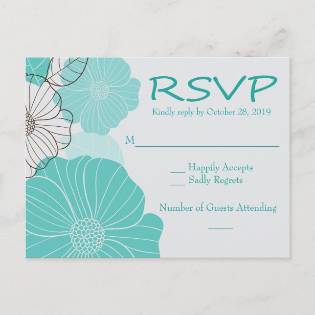 Cartão Postal De Convite Partido RSVP Turquesa Floral, Flor de Casamento Te (Frente)
