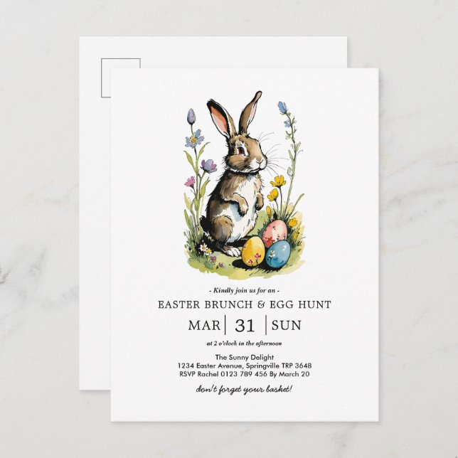Cartão Postal De Convite Páscoa Brunch & Ovo Hunt | Coelhinho De Flor Selva (Frente/Verso)
