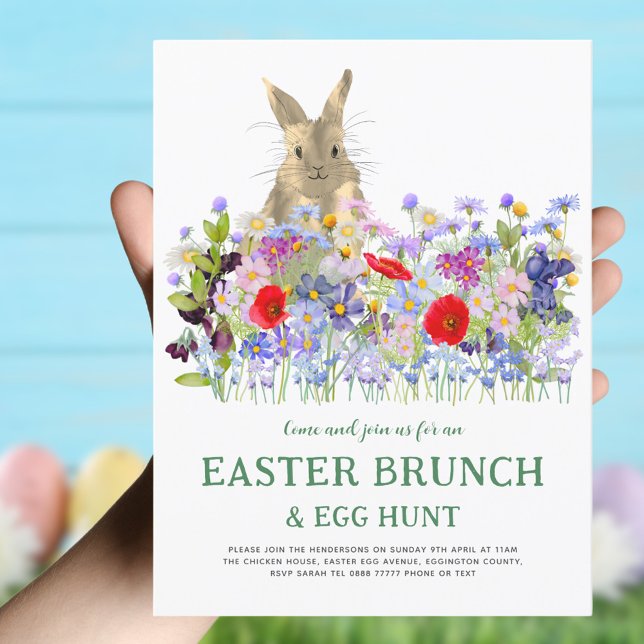 Cartão Postal De Convite Páscoa Brung Hunt Cute Bunny Floral (Easter brunch and egg hunt boho wildflower watercolor  invitation)