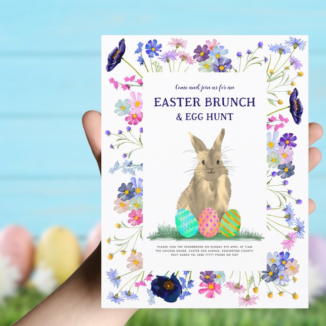 Cartão Postal De Convite Páscoa Bunny Egg Hunt Brunch Floral (Boho floral Easter brunch and egg hunt invitation )