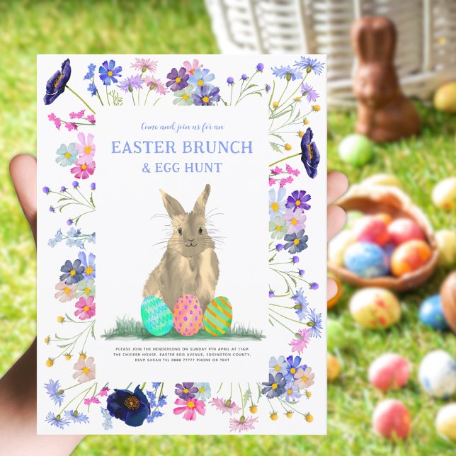 Cartão Postal De Convite Páscoa - Caça De Ovo Brunch - Faca De Coelhinho (Easter bunny egg hunt and bruch boho wildflower spring holiday party postcard )