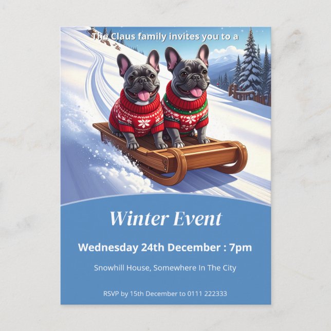 Cartão Postal De Convite Passeio de Trenó do Bulldog Francês no Natal (Frente)
