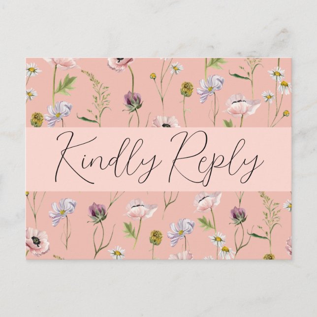 Cartão Postal De Convite Pastel Pink Wild Flower Boho Garden RSVP (Frente)