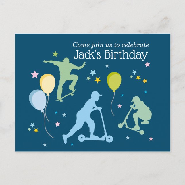 Cartão Postal De Convite Patinetes, Bikes, skates, passear por cima (Frente)