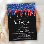 Cartão Postal De Convite Patriótica Birthday Red Blue Glitter Surpresa<br><div class="desc">Convide amigos e família para a sua festa de aniversário com estes elegantes convites de festas de aniversários de brilho patriótico preto, vermelho e azul, e de festa. Esta coleção de aniversário temática American Flag dos EUA será uma favorita entre todos os militares, veteranos, polícia e forças armadas, assim como...</div>