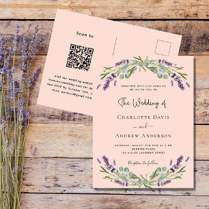 Cartão Postal De Convite Peach lavanda violeta florais QR code RSVP casamen