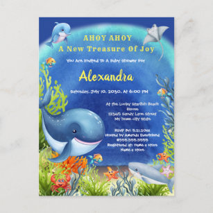Cartão Postal De Convite Peixes tropicais sob o mar Bebê Chá de fraldas