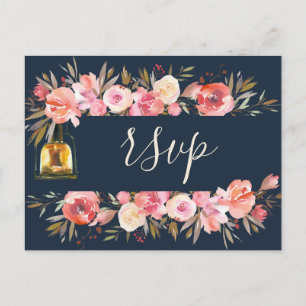 Cartão Postal De Convite Peônias Elegantes Lanternas Rústicas Casamento Azu
