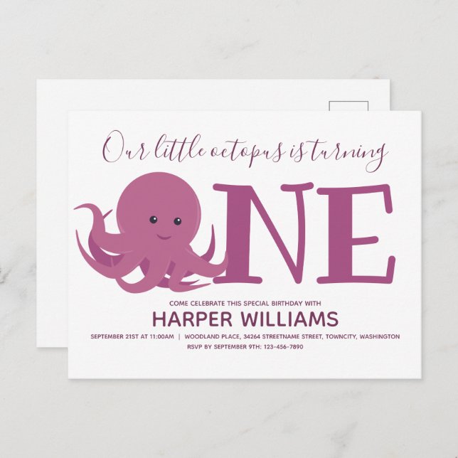 Cartão Postal De Convite Pequeno Octopus Virando Um Animal Primeiro Anivers (Frente/Verso)