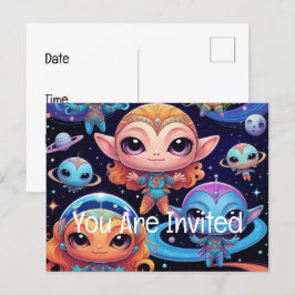 Cartão Postal De Convite Pequenos Aliens multicoloridos no espaço