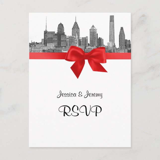 Cartão Postal De Convite Philadelphia Skyline Etch BW Red RSVP 1 (Frente)