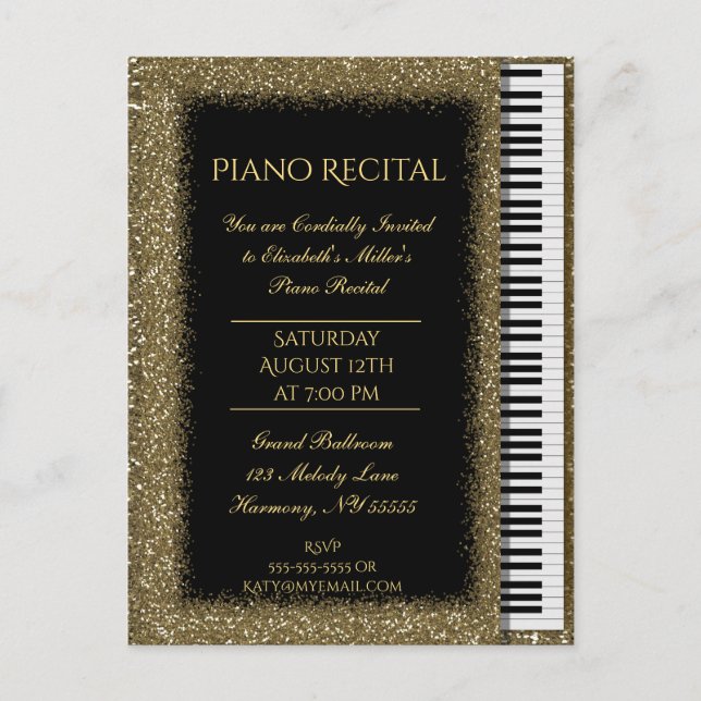 Cartão Postal De Convite Piano Considerando Dourado Glitter Baby Grand (Frente)