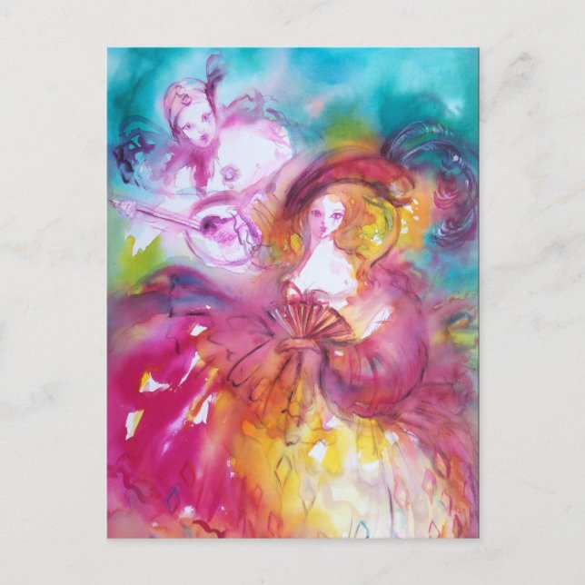 Cartão Postal De Convite PIERROT E ARLECCHINA / Mascarada Venetian (Frente)