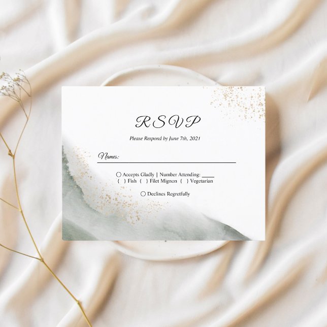 Cartão Postal De Convite Pinceladas de Aquarela Verde Abstrata & Dourado (Criador carregado)