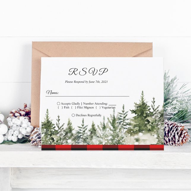 Cartão Postal De Convite Pinho Verde Aquarela  & Xadrez Búfalo Vermelho (Criador carregado)