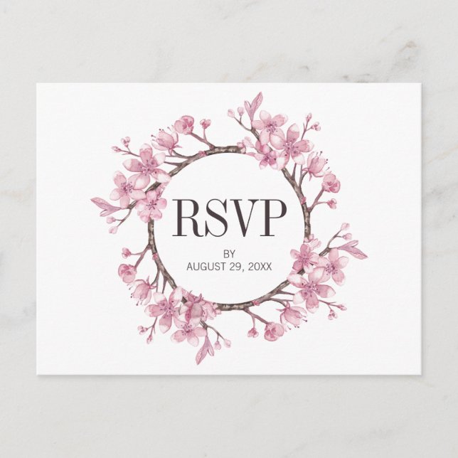 Cartão Postal De Convite Pink Cherry Blossom Floral Wreath Wedal RSVP (Frente)