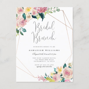 Cartão Postal De Convite Pink Floral Lush Greenery Geometric Bridal Brunch