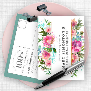 Cartão Postal De Convite Pink Peony 100º Aniversário