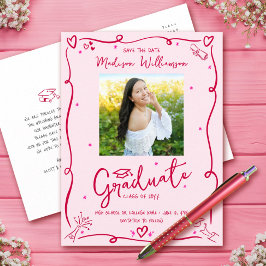 Cartão Postal De Convite Pink Red Doodles Graduation Save the Date Photo