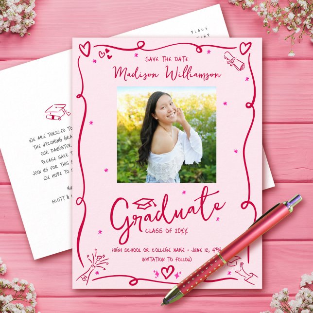 Cartão Postal De Convite Pink Red Doodles Graduation Save the Date Photo (Criador carregado)