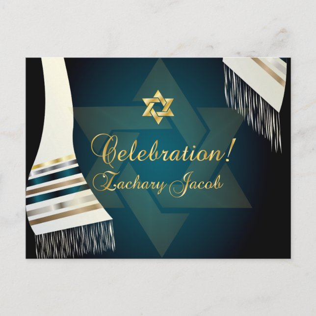 Cartão Postal De Convite PixDezines Tallit Mitzvah Celebração/Verde Teal (Frente)