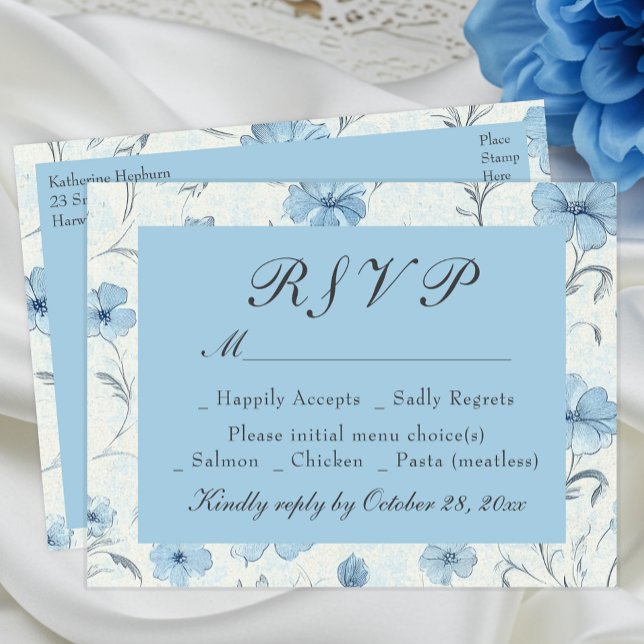 Cartão Postal De Convite Placa RSVP de Casamento de Jardim Azul Floral (Criador carregado)