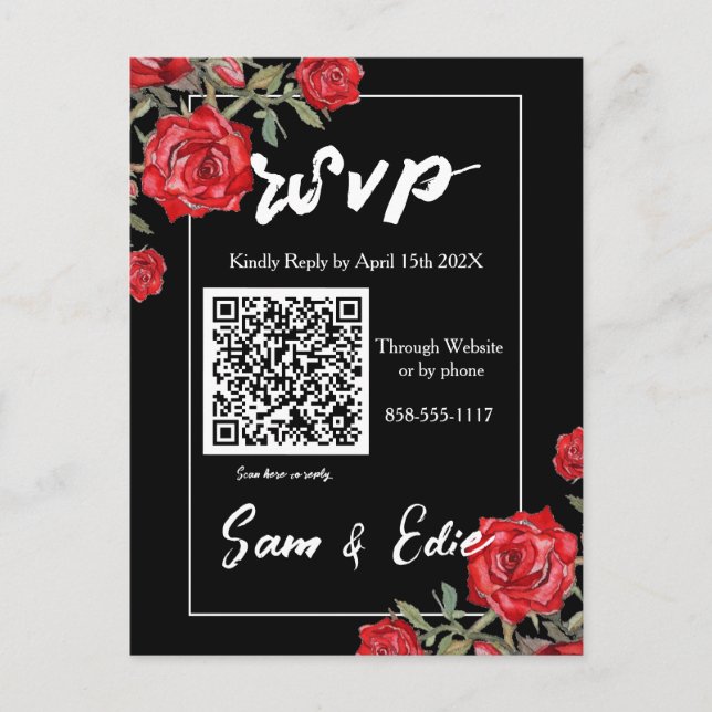 Cartão Postal De Convite Placa RSVP de Casamento Floral de rosa vermelha Wa (Frente)