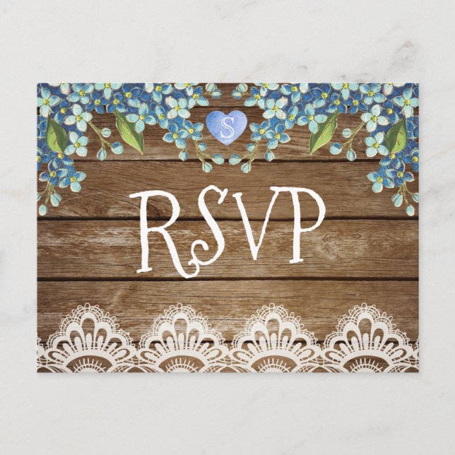 Cartão Postal De Convite Placa RSVP Rustic Blue Hydrangea & Lace (Frente)