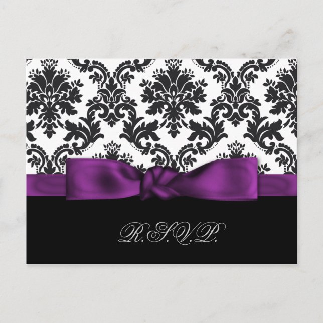 Cartão Postal De Convite placas rsvp de casamento tema damasco roxo (Frente)